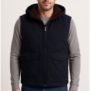 Clearwater Men Large Hooded Quilted Vest Sherpa Lined Navy